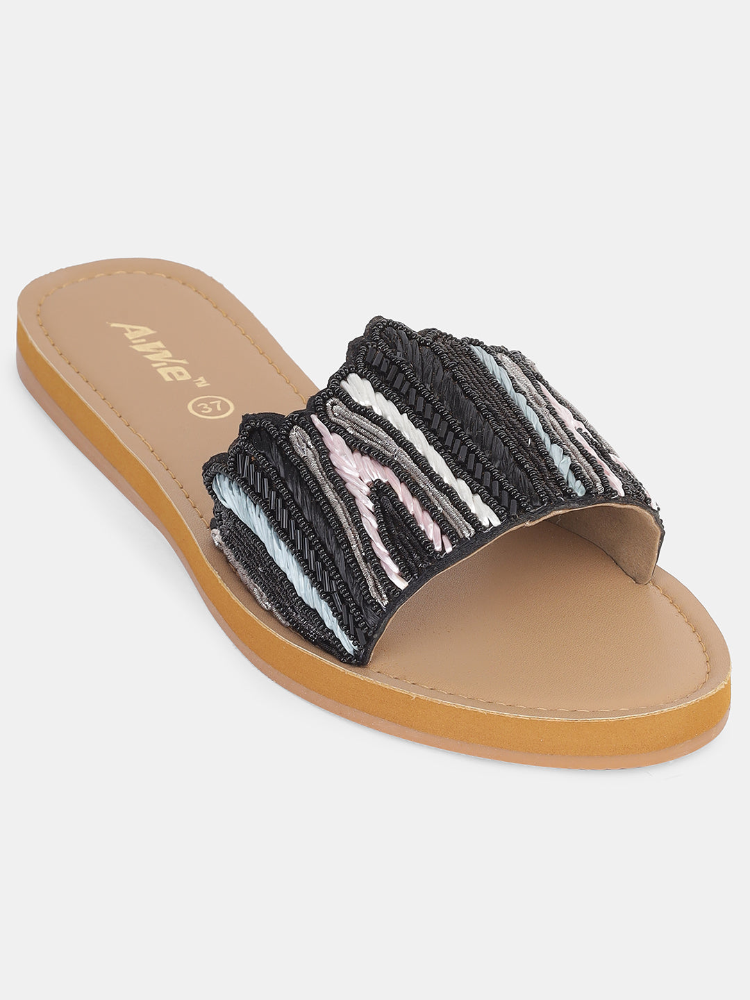 Womens Embroidered Slip-On Flats | Handcrafted Ethnic Festive Slides with Beaded Detailing