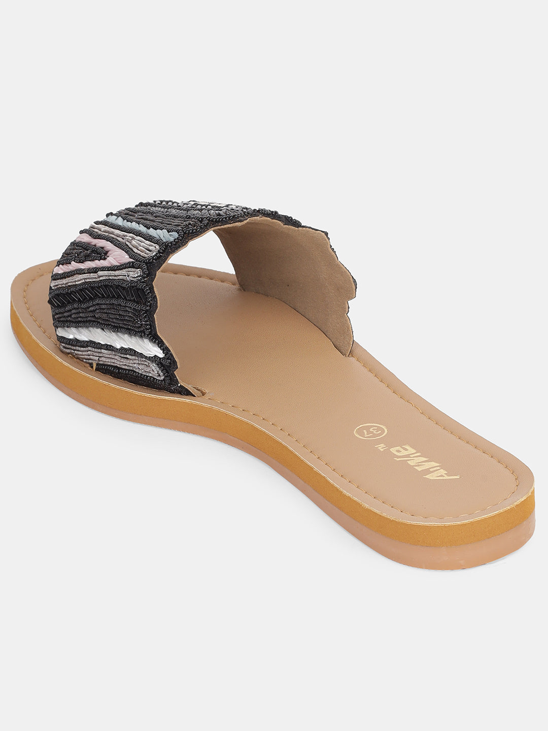 Womens Embroidered Slip-On Flats | Handcrafted Ethnic Festive Slides with Beaded Detailing