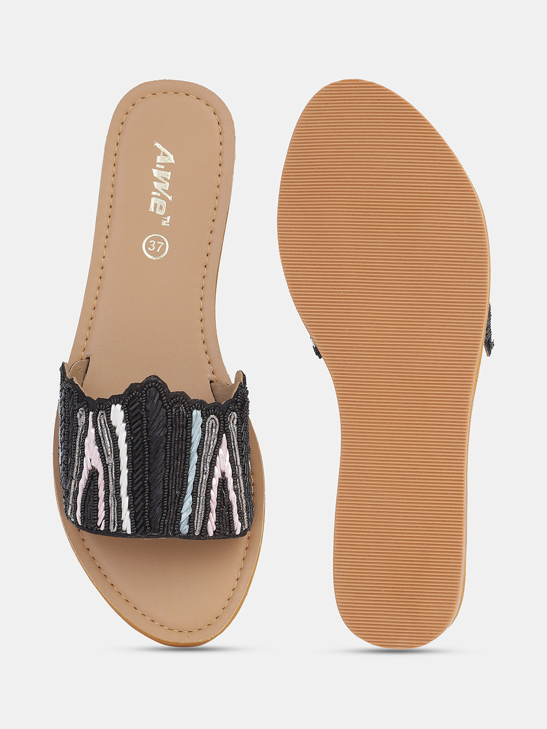 Womens Embroidered Slip-On Flats | Handcrafted Ethnic Festive Slides with Beaded Detailing