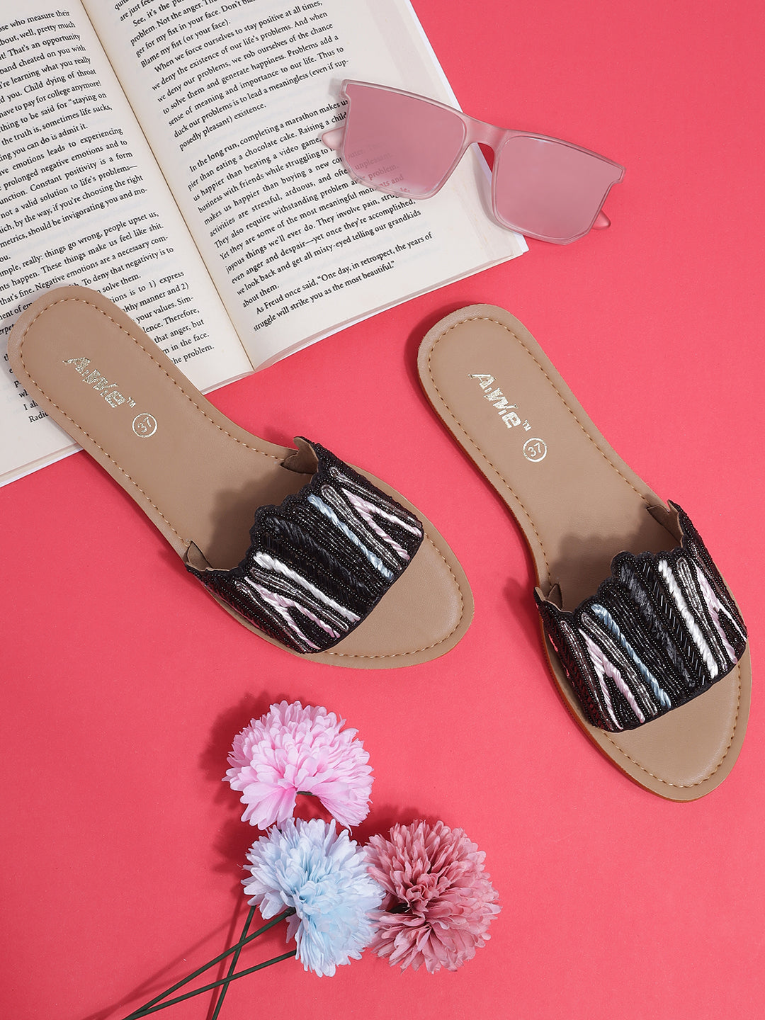 Womens Embroidered Slip-On Flats | Handcrafted Ethnic Festive Slides with Beaded Detailing