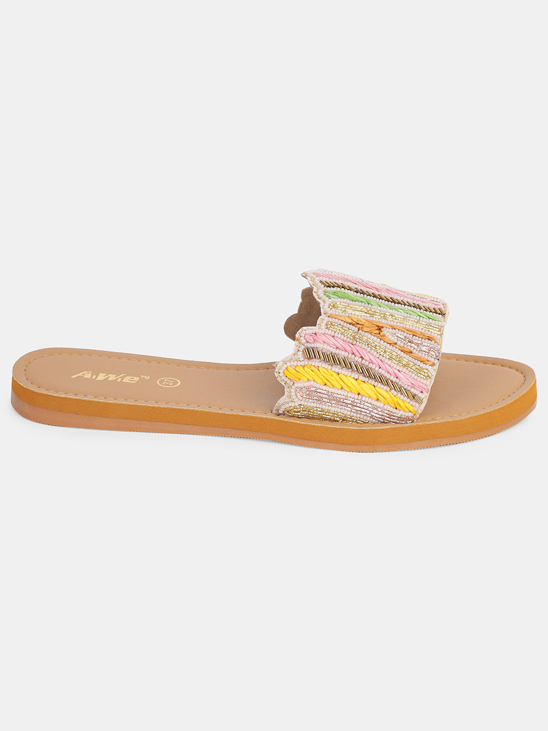 Womens Embroidered Slip-On Flats | Handcrafted Ethnic Festive Slides with Beaded Detailing