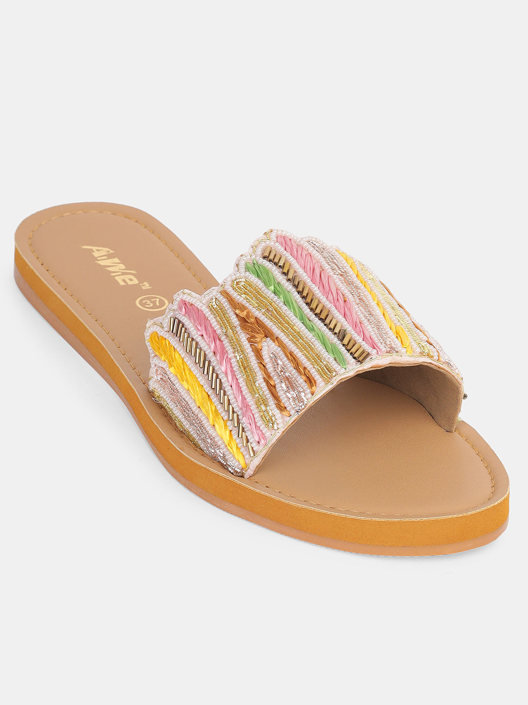 Womens Embroidered Slip-On Flats | Handcrafted Ethnic Festive Slides with Beaded Detailing