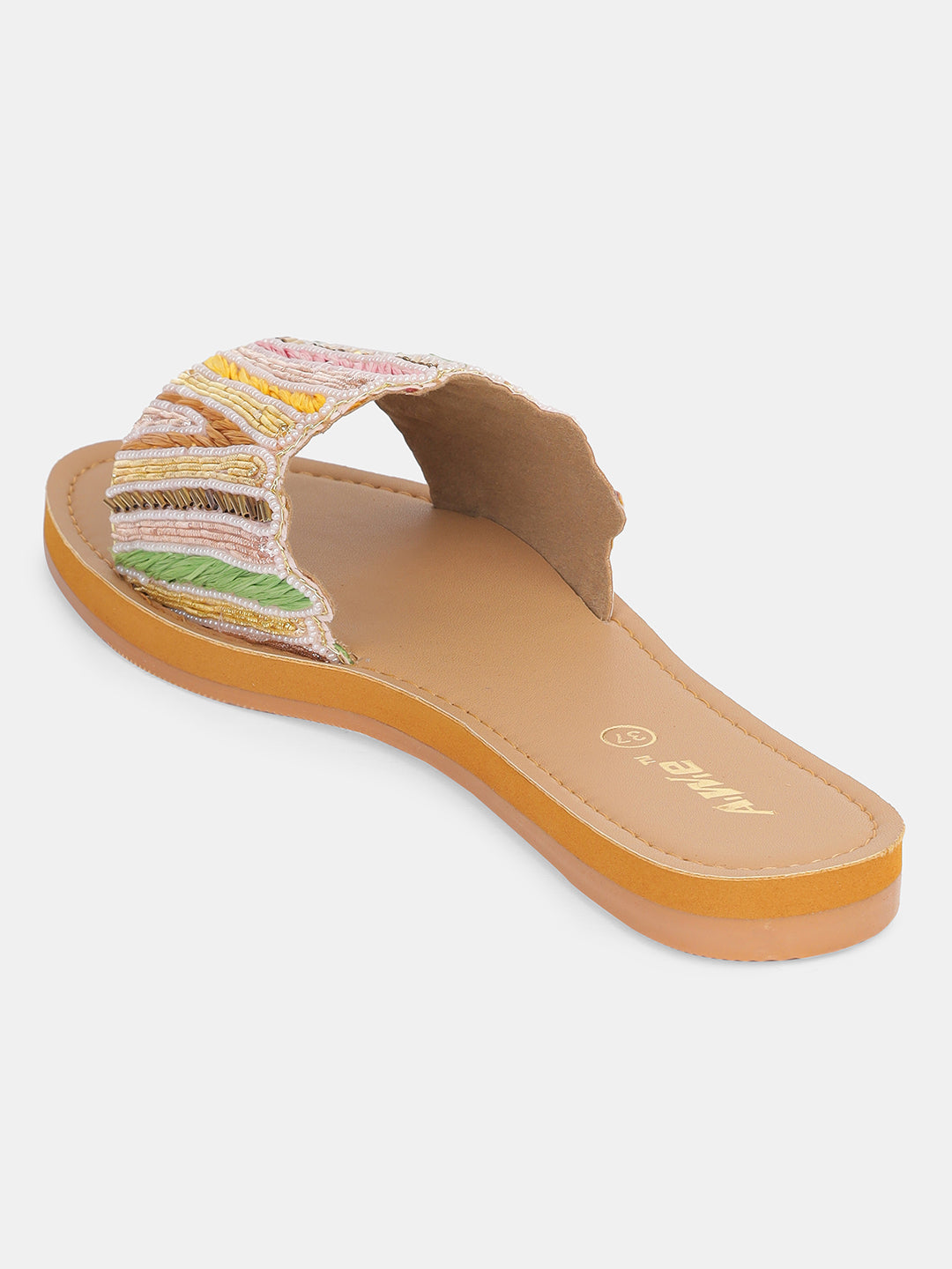 Womens Embroidered Slip-On Flats | Handcrafted Ethnic Festive Slides with Beaded Detailing