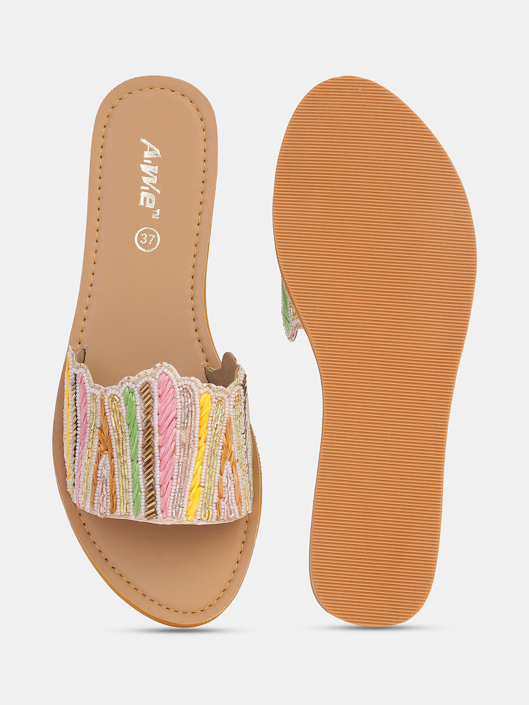 Womens Embroidered Slip-On Flats | Handcrafted Ethnic Festive Slides with Beaded Detailing
