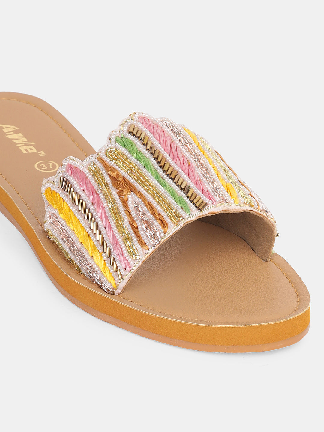 Womens Embroidered Slip-On Flats | Handcrafted Ethnic Festive Slides with Beaded Detailing