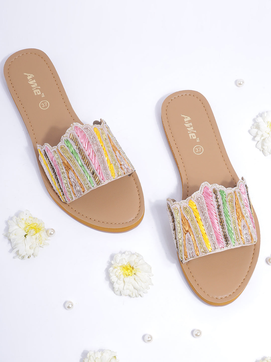 Womens Embroidered Slip-On Flats | Handcrafted Ethnic Festive Slides with Beaded Detailing