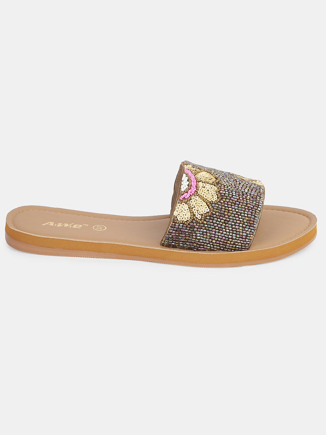 Womens Hand-Embroidered Ethnic Flats | Designer Beaded Slip-On Slides for Festive Wear