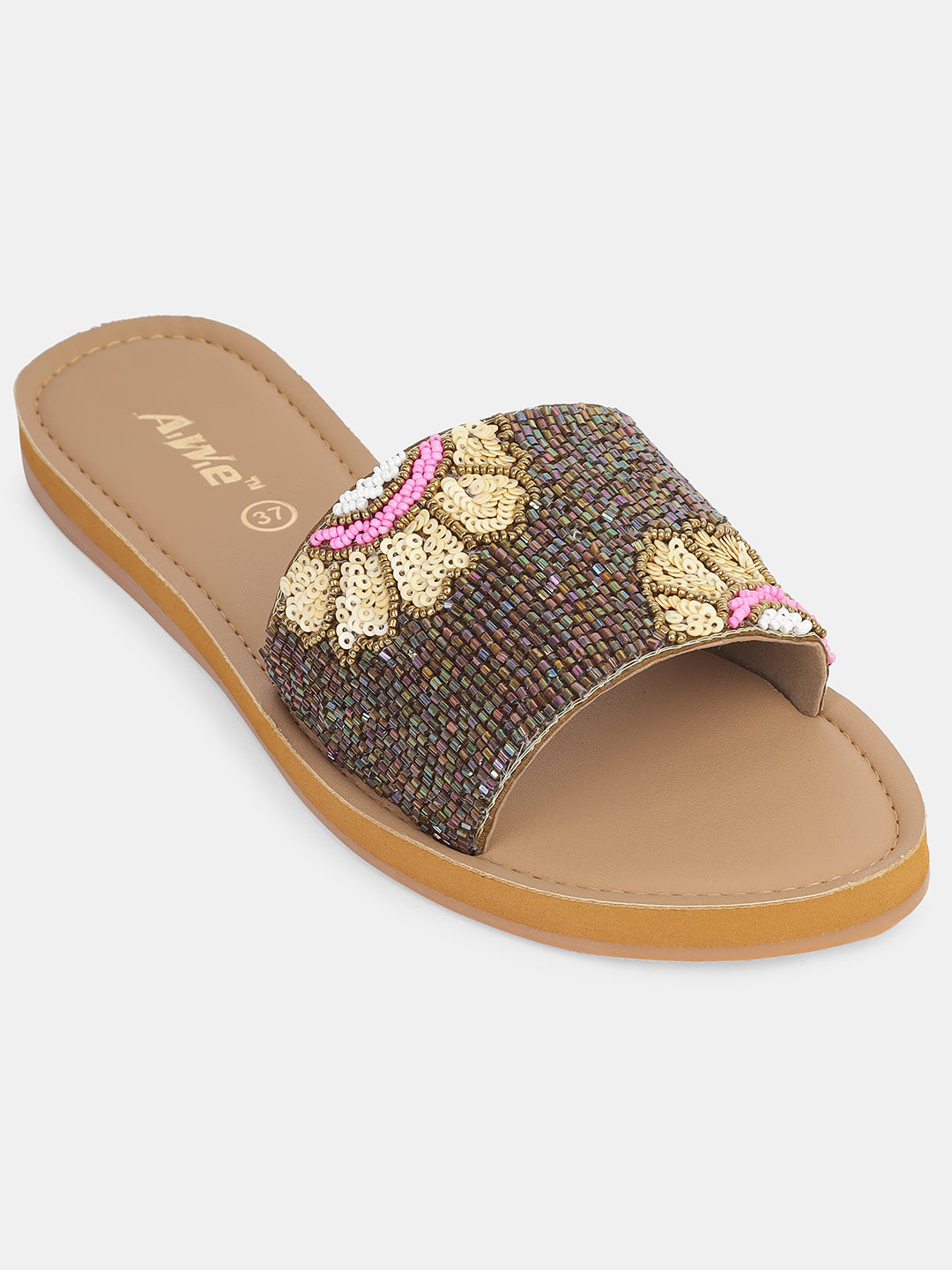 Womens Hand-Embroidered Ethnic Flats | Designer Beaded Slip-On Slides for Festive Wear