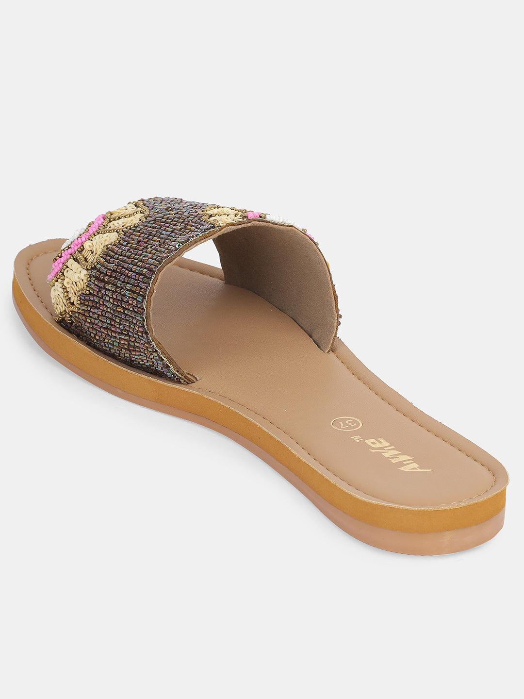 Womens Hand-Embroidered Ethnic Flats | Designer Beaded Slip-On Slides for Festive Wear