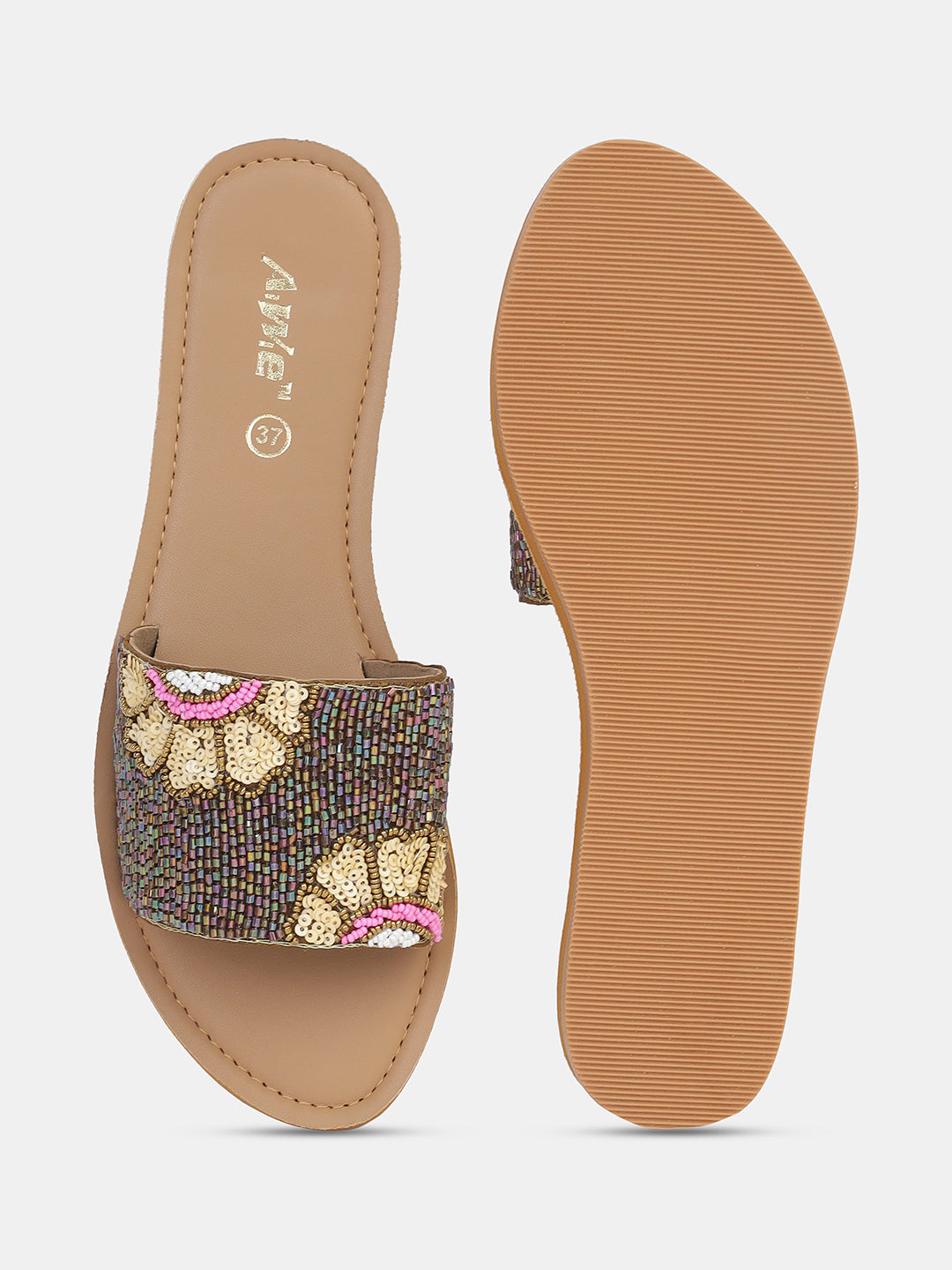 Womens Hand-Embroidered Ethnic Flats | Designer Beaded Slip-On Slides for Festive Wear