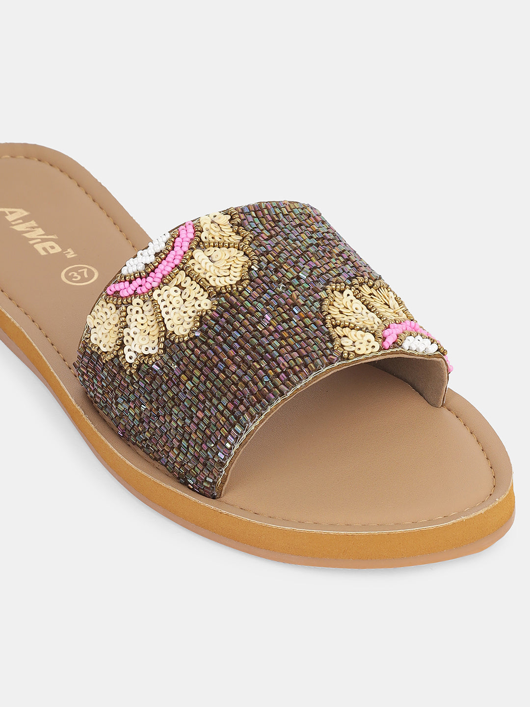 Womens Hand-Embroidered Ethnic Flats | Designer Beaded Slip-On Slides for Festive Wear