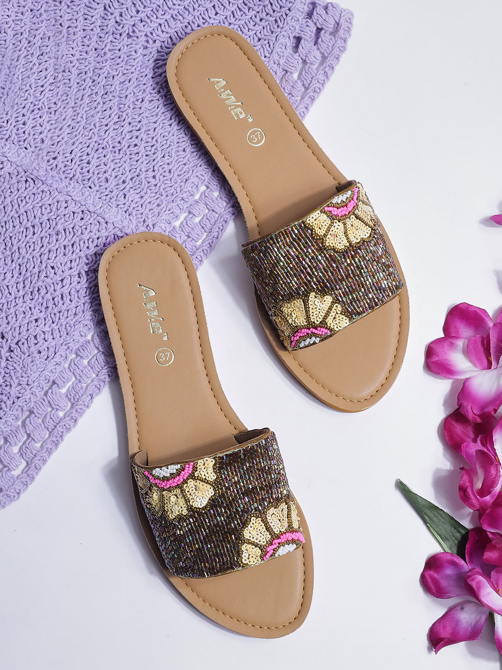 Womens Hand-Embroidered Ethnic Flats | Designer Beaded Slip-On Slides for Festive Wear