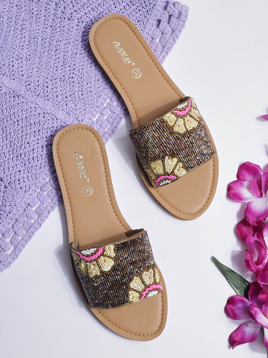 Womens Hand-Embroidered Ethnic Flats | Designer Beaded Slip-On Slides for Festive Wear