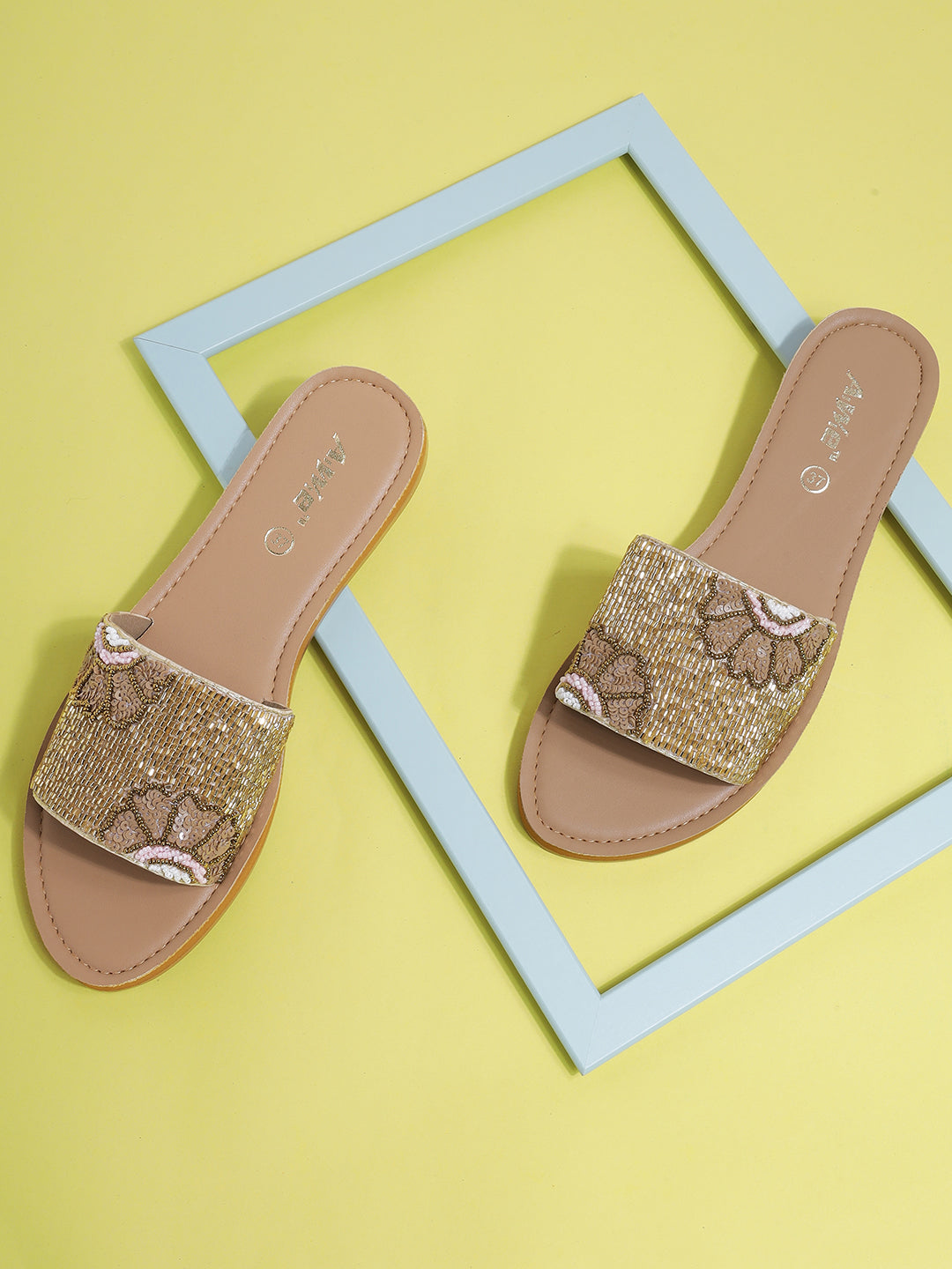 Womens Hand-Embroidered Ethnic Flats | Designer Beaded Slip-On Slides for Festive Wear