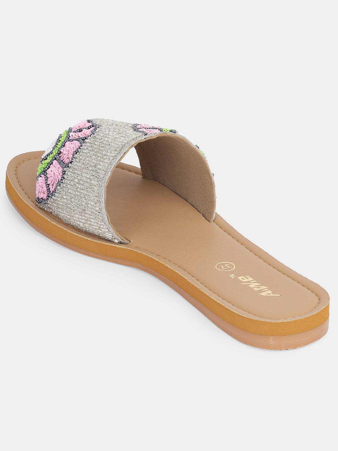 Womens Hand-Embroidered Ethnic Flats | Designer Beaded Slip-On Slides for Festive Wear