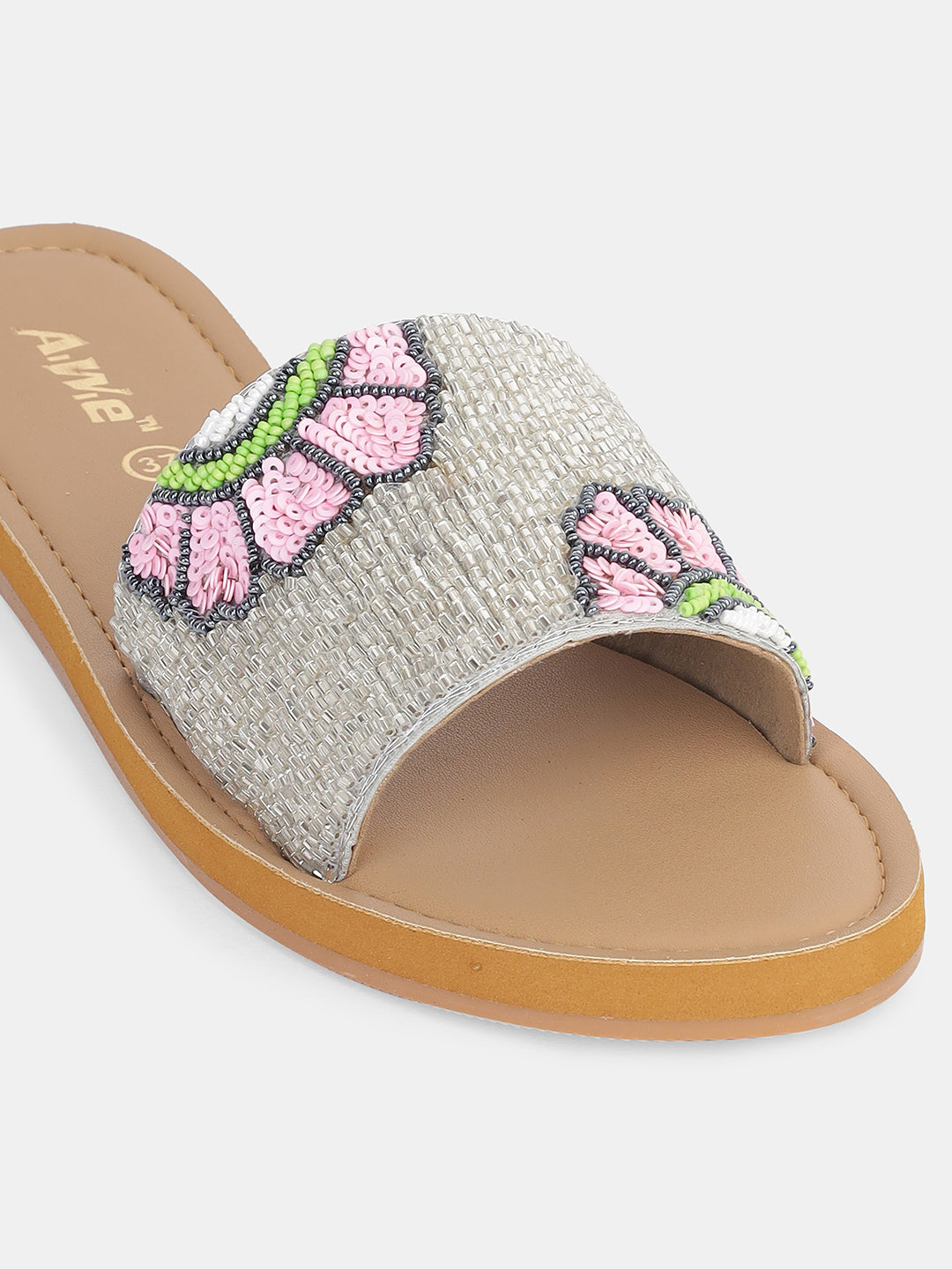 Womens Hand-Embroidered Ethnic Flats | Designer Beaded Slip-On Slides for Festive Wear