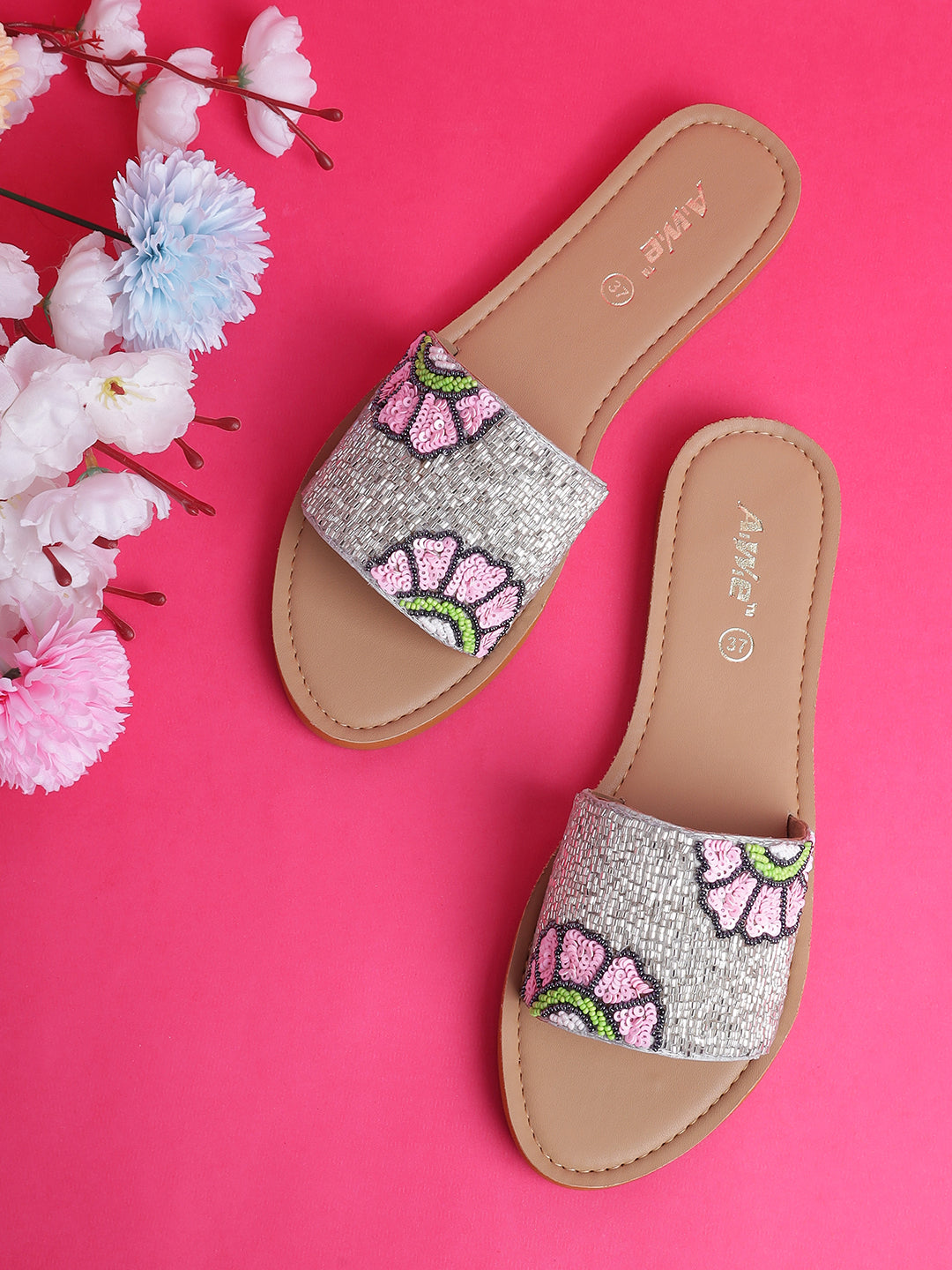 Womens Hand-Embroidered Ethnic Flats | Designer Beaded Slip-On Slides for Festive Wear