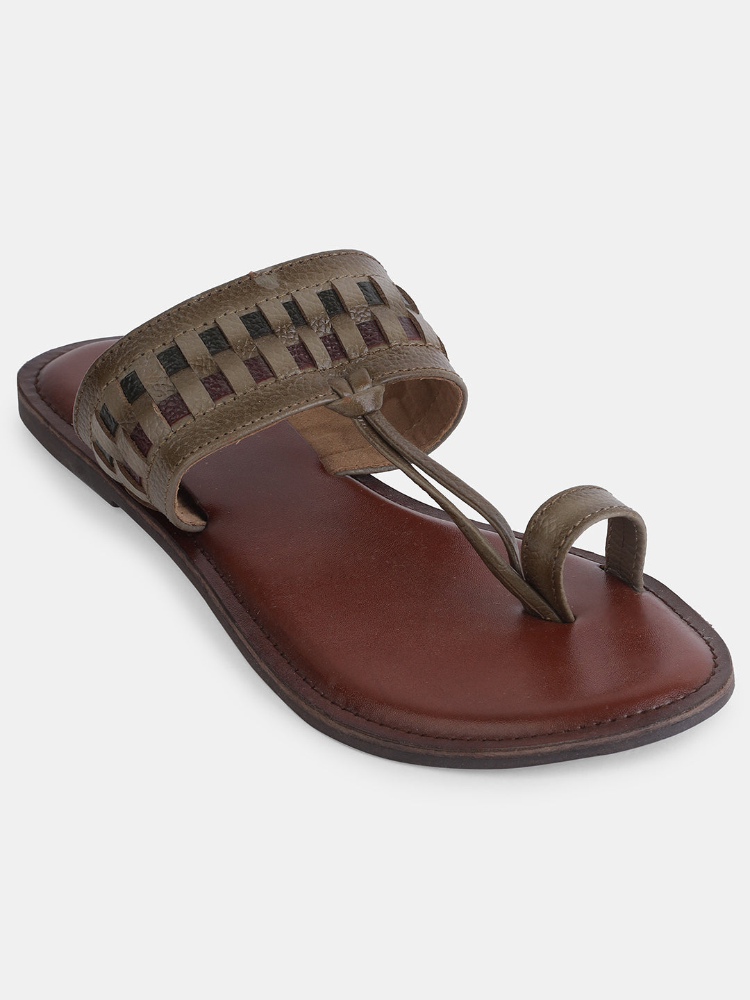 Aiwie Women's Ethnic Kolhapuri-Inspired Slip-On Flats with Braided Toe Ring & Woven Strap Design