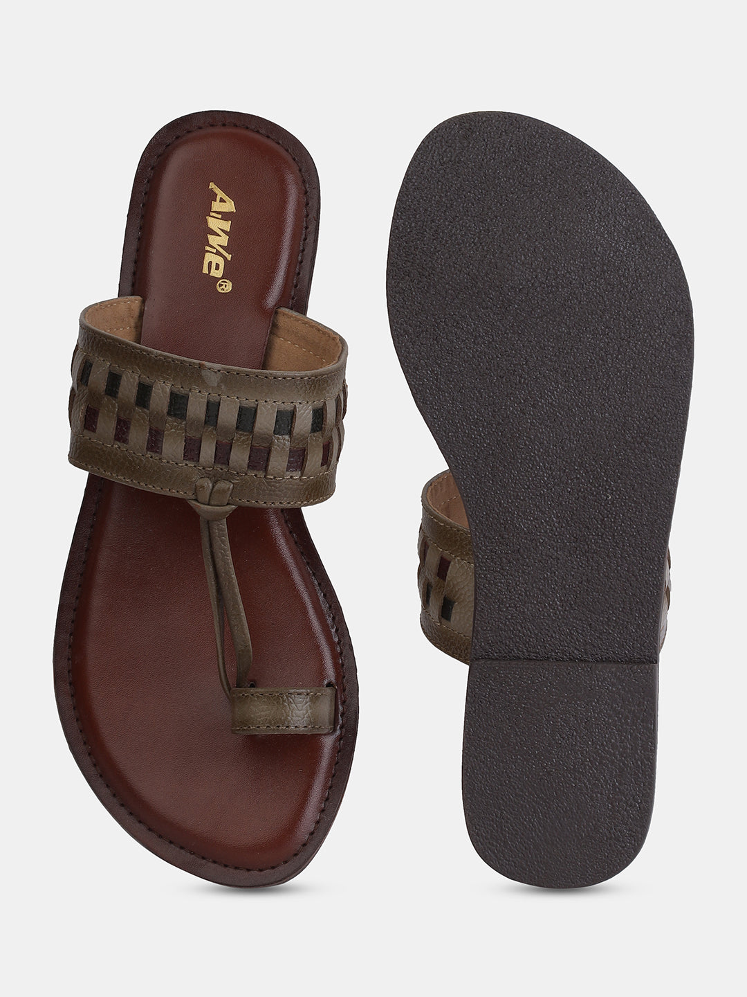 Aiwie Women's Ethnic Kolhapuri-Inspired Slip-On Flats with Braided Toe Ring & Woven Strap Design