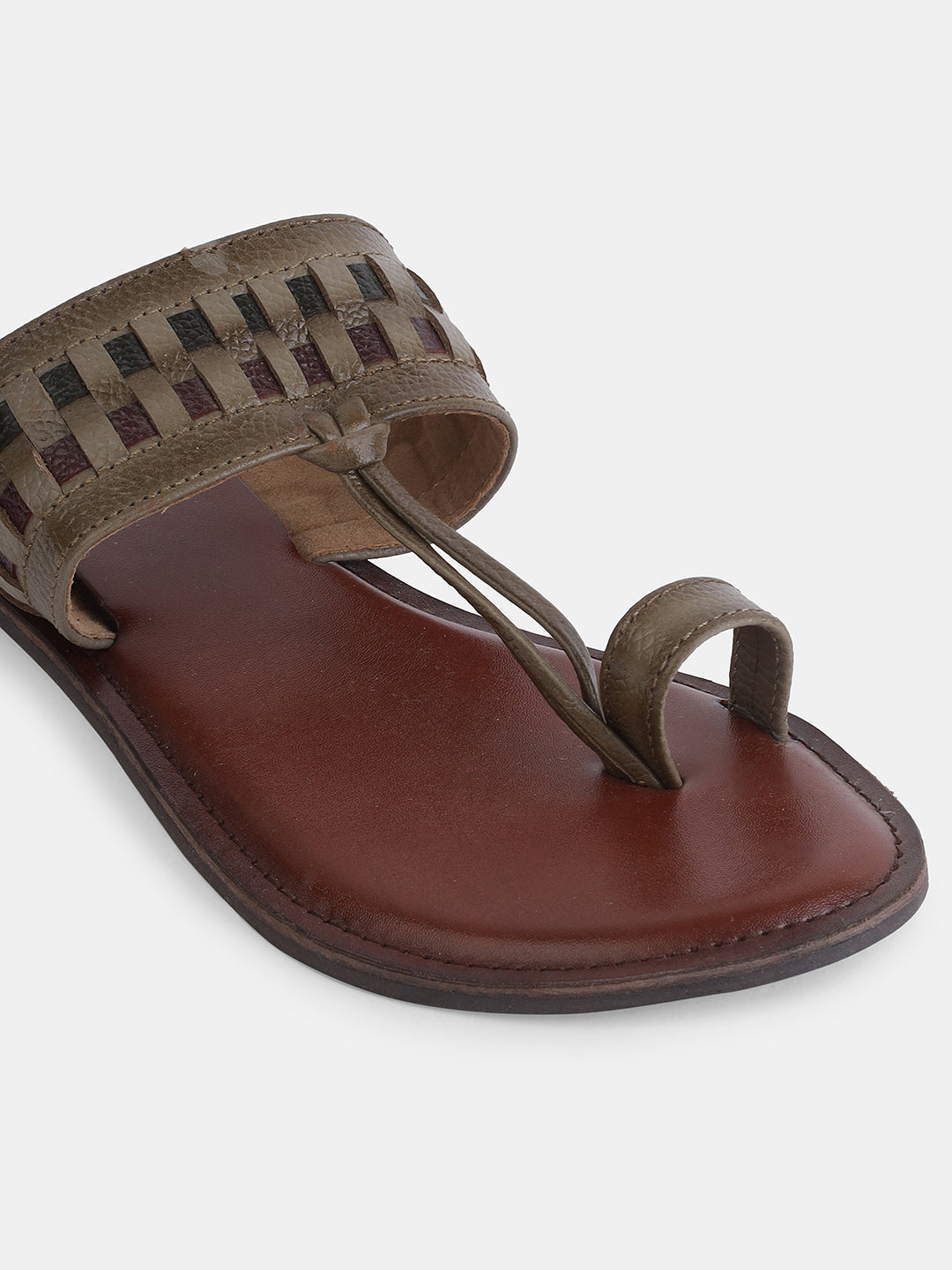 Aiwie Women's Ethnic Kolhapuri-Inspired Slip-On Flats with Braided Toe Ring & Woven Strap Design