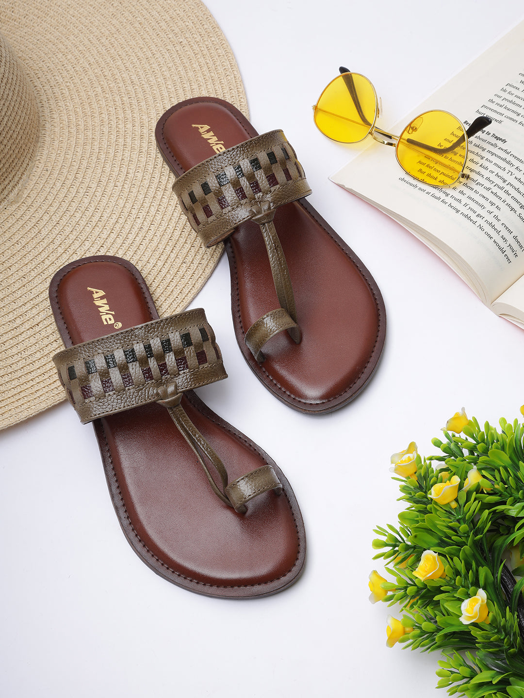 Aiwie Women's Ethnic Kolhapuri-Inspired Slip-On Flats with Braided Toe Ring & Woven Strap Design