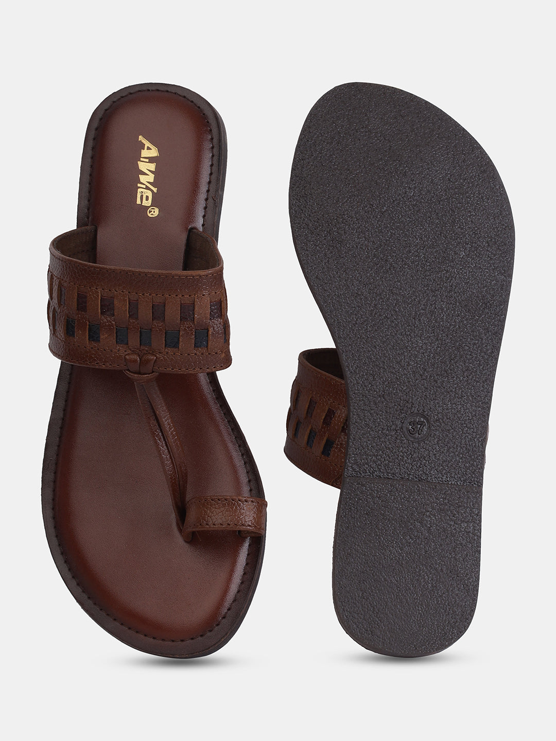 Aiwie Women's Ethnic Kolhapuri-Inspired Slip-On Flats with Braided Toe Ring & Woven Strap Design