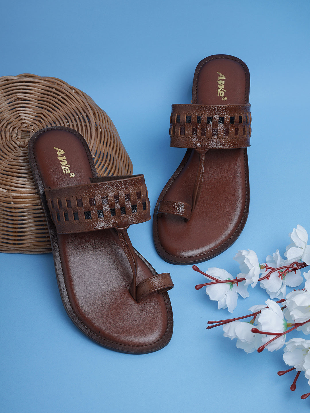 Aiwie Women's Ethnic Kolhapuri-Inspired Slip-On Flats with Braided Toe Ring & Woven Strap Design