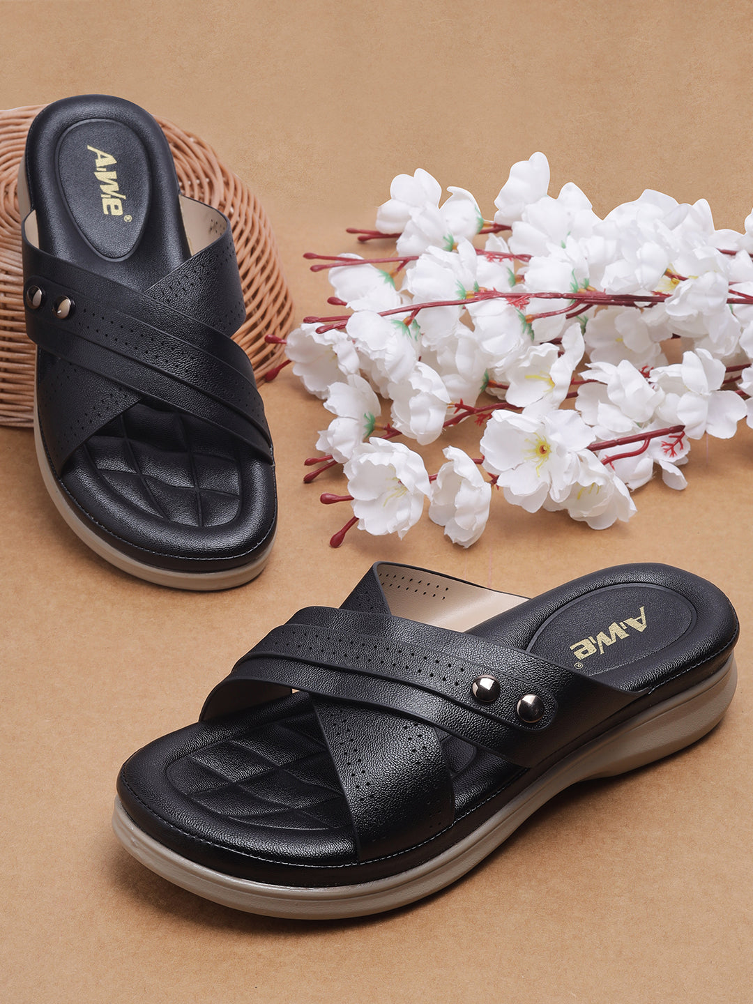 Women Comfort Cross-Strap Slip-On Sandals | Stylish Daily Wear Flats with Cushioned Sole Heel Size : 1.5 Inches