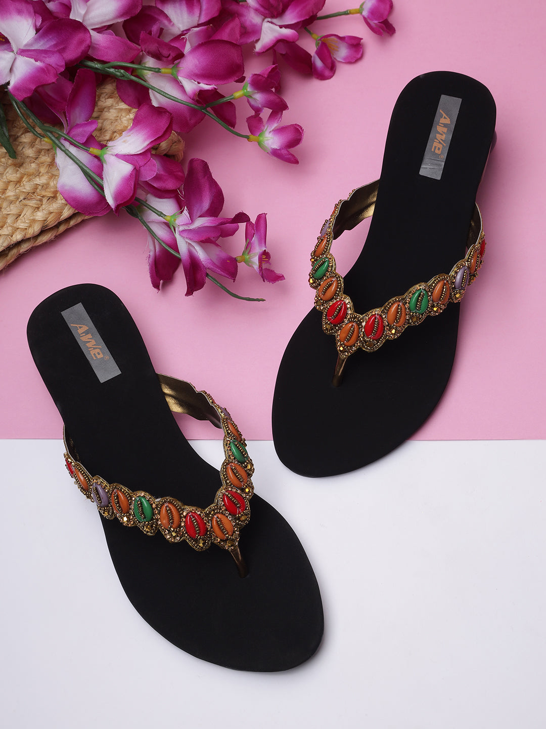 Aiwie Women's Embellished Slip-On Ethnic Sandals with Beaded Strap Ð Traditional Flat Footwear for Casual, Festive, and Occasion Wear