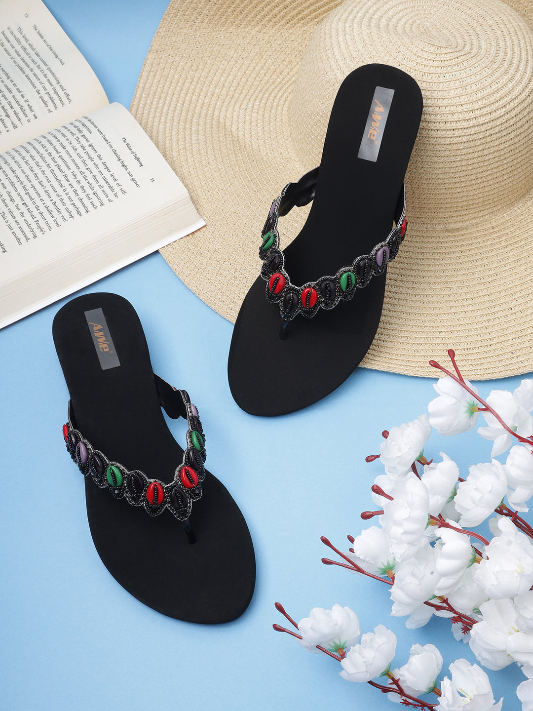 Aiwie Women's Embellished Slip-On Ethnic Sandals with Beaded Strap Ð Traditional Flat Footwear for Casual, Festive, and Occasion Wear