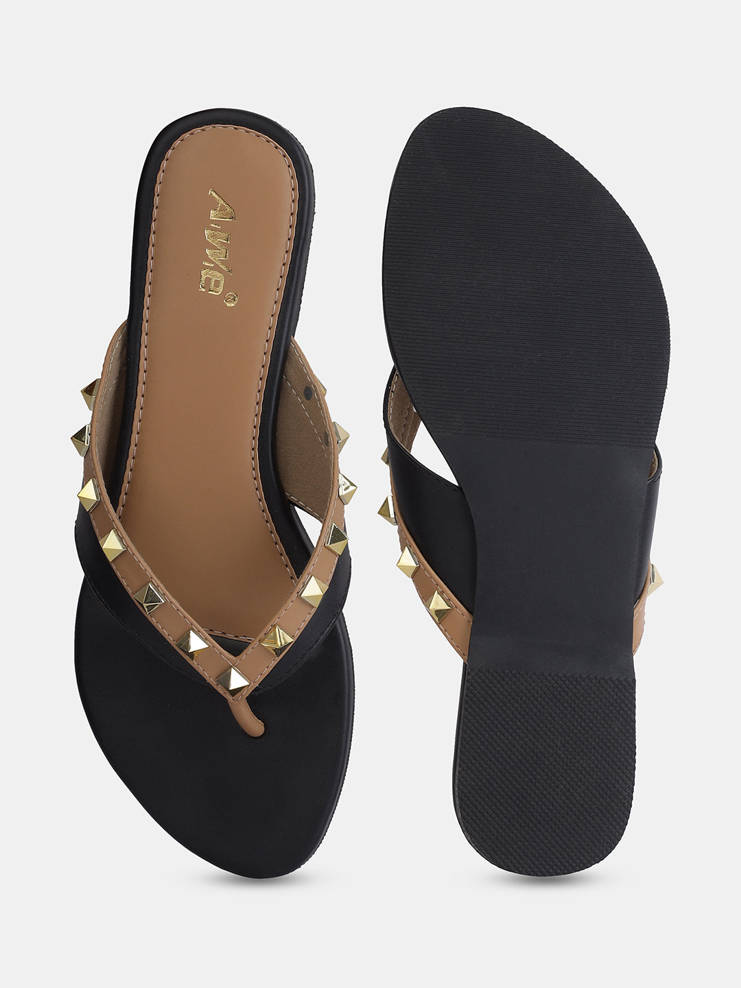 Aiwie Women's Studded Flat Slip-On Sandals with Toe Ring and Cushioned Footbed Ð Stylish Daily and Party Wear Footwear