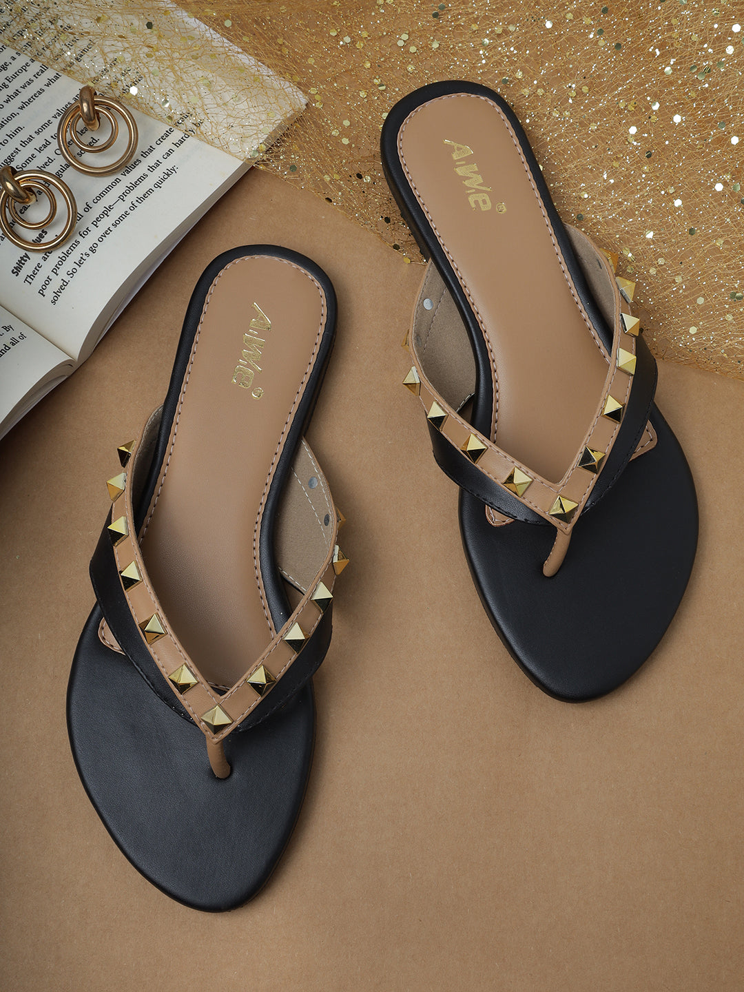 Aiwie Women's Studded Flat Slip-On Sandals with Toe Ring and Cushioned Footbed Ð Stylish Daily and Party Wear Footwear