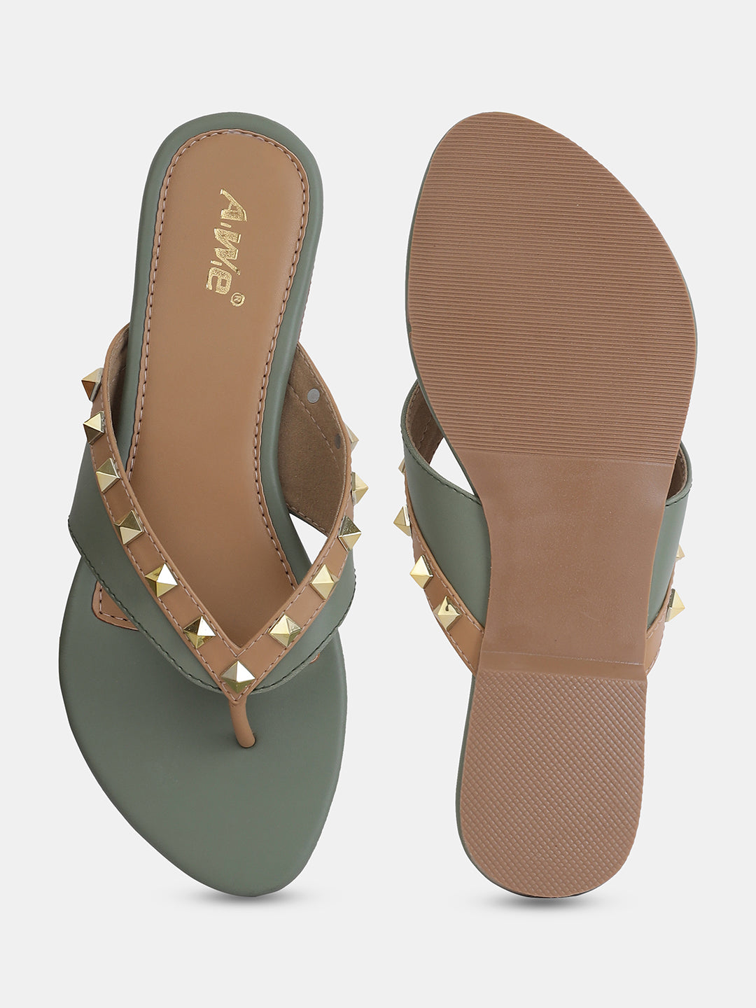 Aiwie Women's Studded Flat Slip-On Sandals with Toe Ring and Cushioned Footbed Ð Stylish Daily and Party Wear Footwear