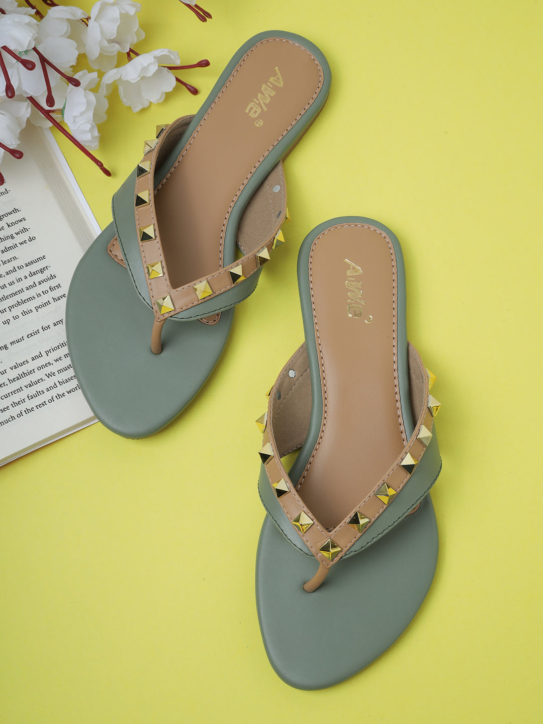 Aiwie Women's Studded Flat Slip-On Sandals with Toe Ring and Cushioned Footbed Ð Stylish Daily and Party Wear Footwear