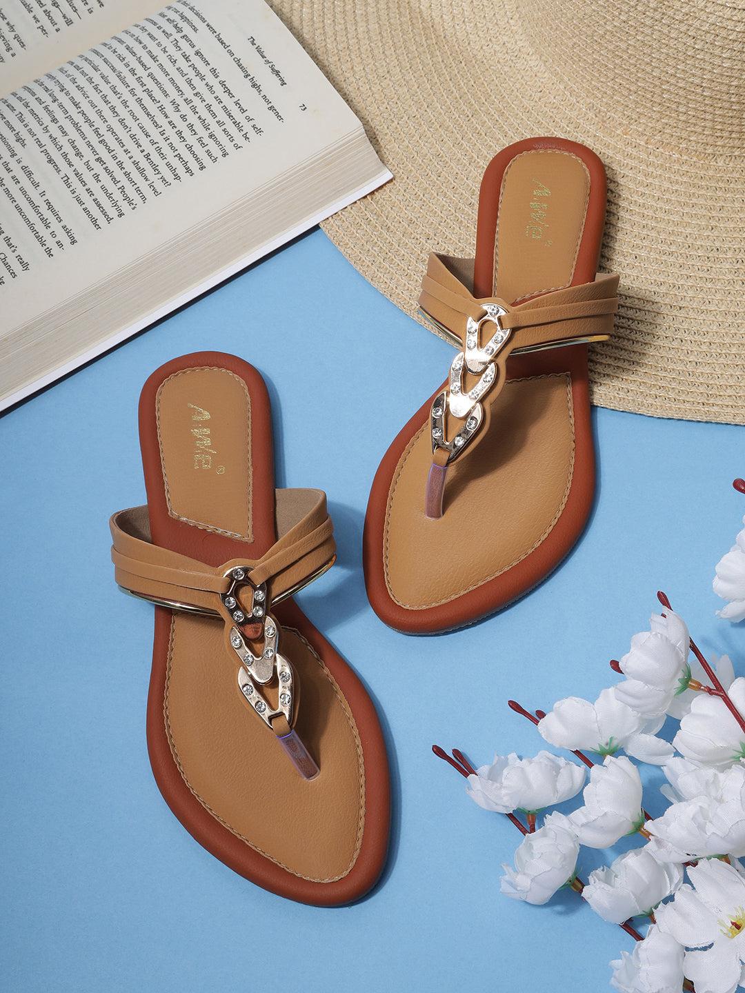 Aiwie Women's Slip-On Toe-Ring Sandals with Decorative Metal Accent Ð Elegant Daily and Ethnic Wear Flat Footwear