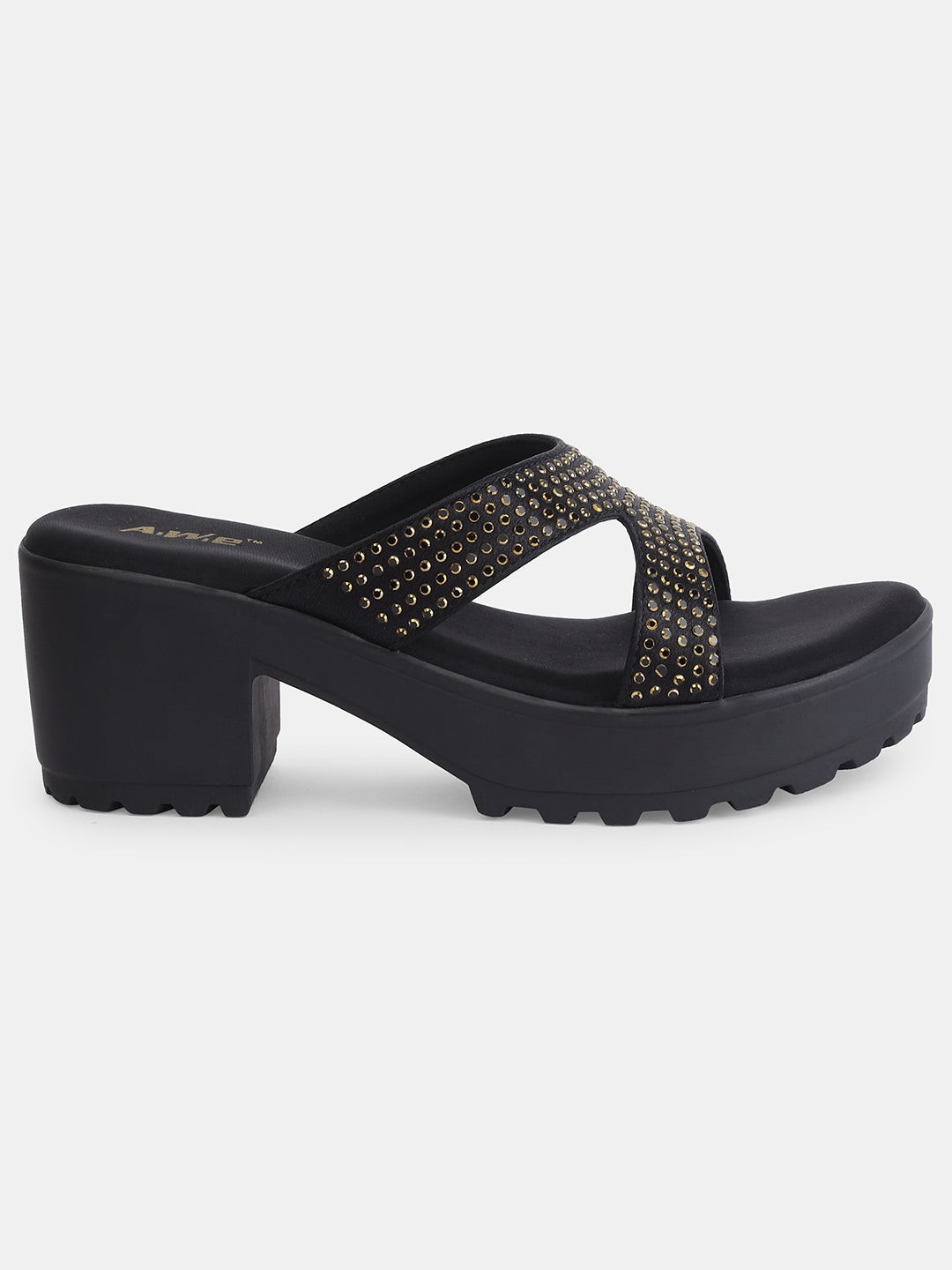 Aiwie Womens Heeled Slip-On Sandals with Criss-Cross Studded Straps Ð Comfortable and Fashionable Party & Casual Wear Footwear Heel Size : 2.5 Inches