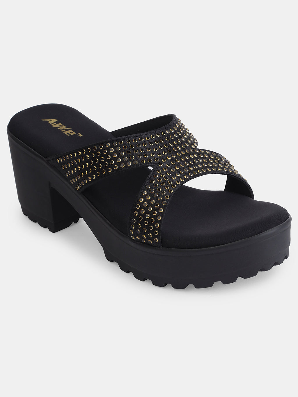 Aiwie Womens Heeled Slip-On Sandals with Criss-Cross Studded Straps Ð Comfortable and Fashionable Party & Casual Wear Footwear Heel Size : 2.5 Inches