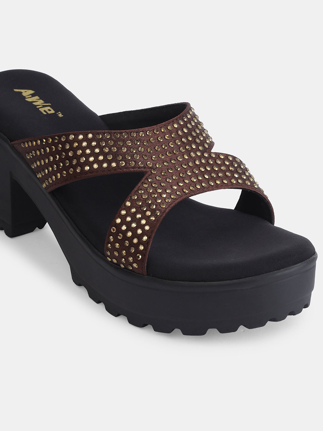 Aiwie Womens Heeled Slip-On Sandals with Criss-Cross Studded Straps Ð Comfortable and Fashionable Party & Casual Wear Footwear Heel Size : 2.5 Inches