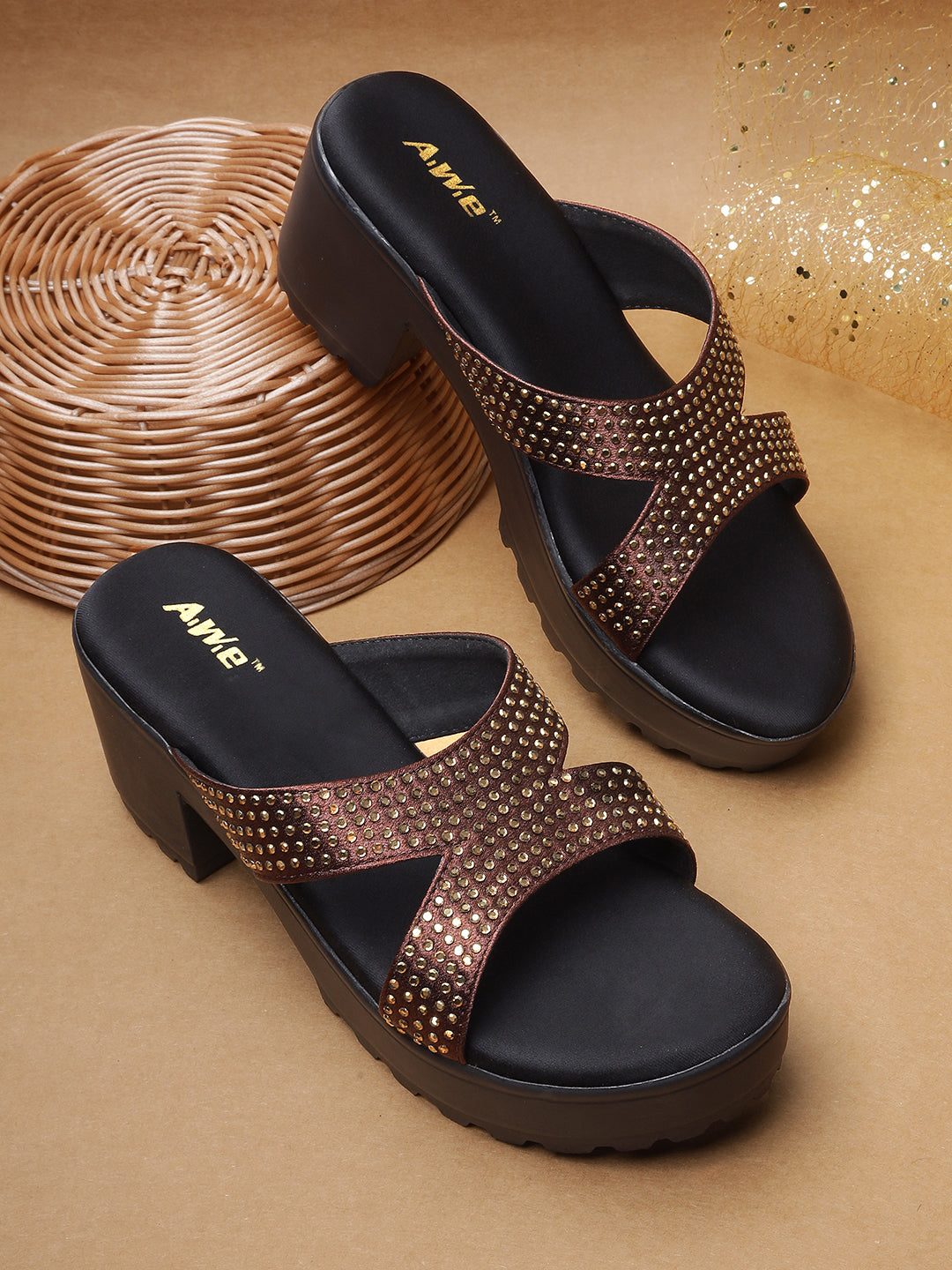 Aiwie Womens Heeled Slip-On Sandals with Criss-Cross Studded Straps Ð Comfortable and Fashionable Party & Casual Wear Footwear Heel Size : 2.5 Inches
