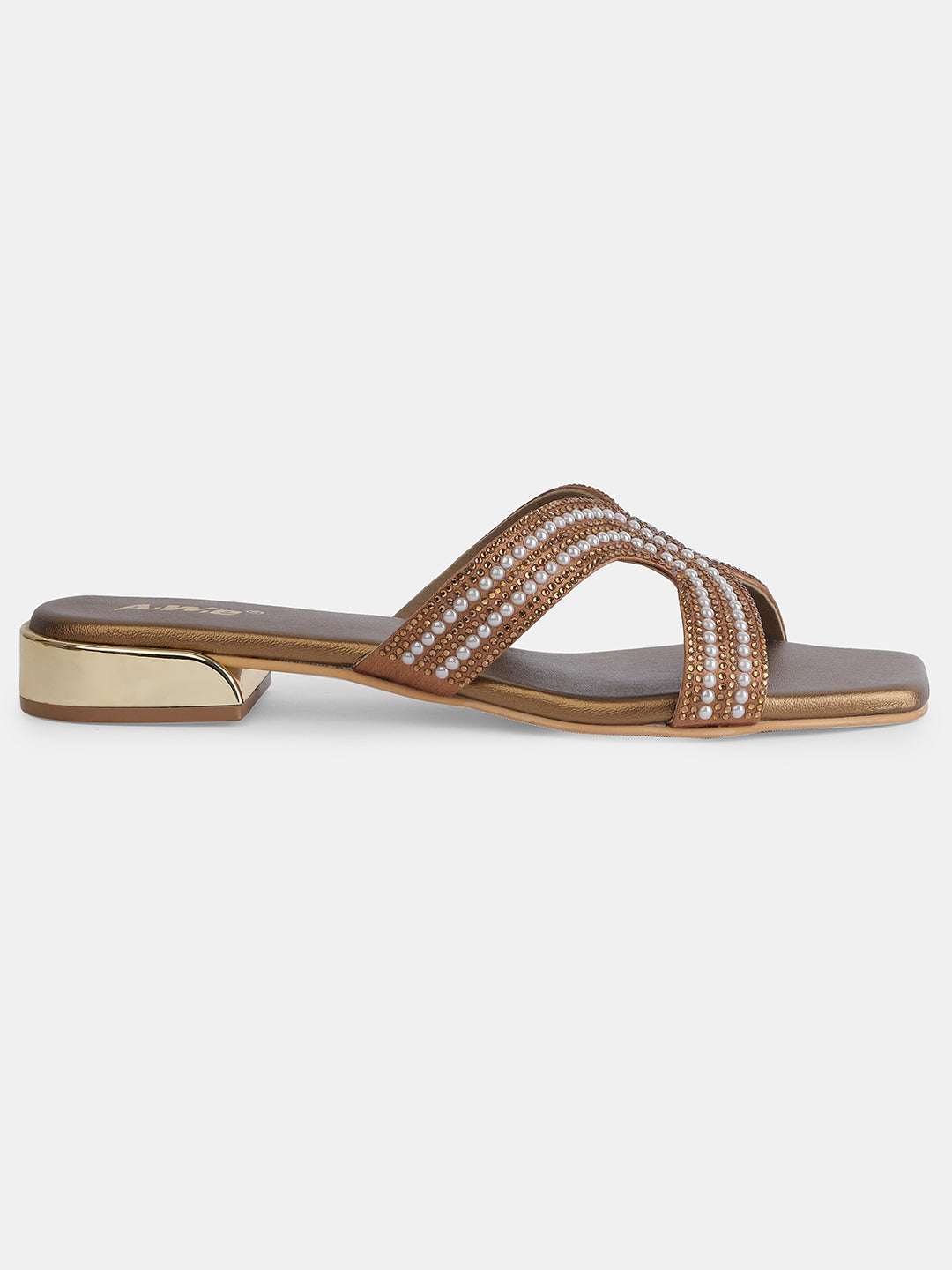 Aiwie Women's Embellished Slip-On Sandals with Square Toe and Beaded Strap Ð Elegant Flats for Ethnic, Festive & Casual Wear