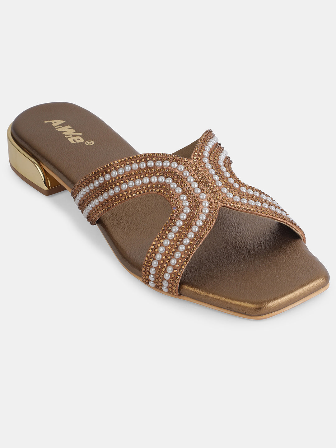 Aiwie Women's Embellished Slip-On Sandals with Square Toe and Beaded Strap Ð Elegant Flats for Ethnic, Festive & Casual Wear