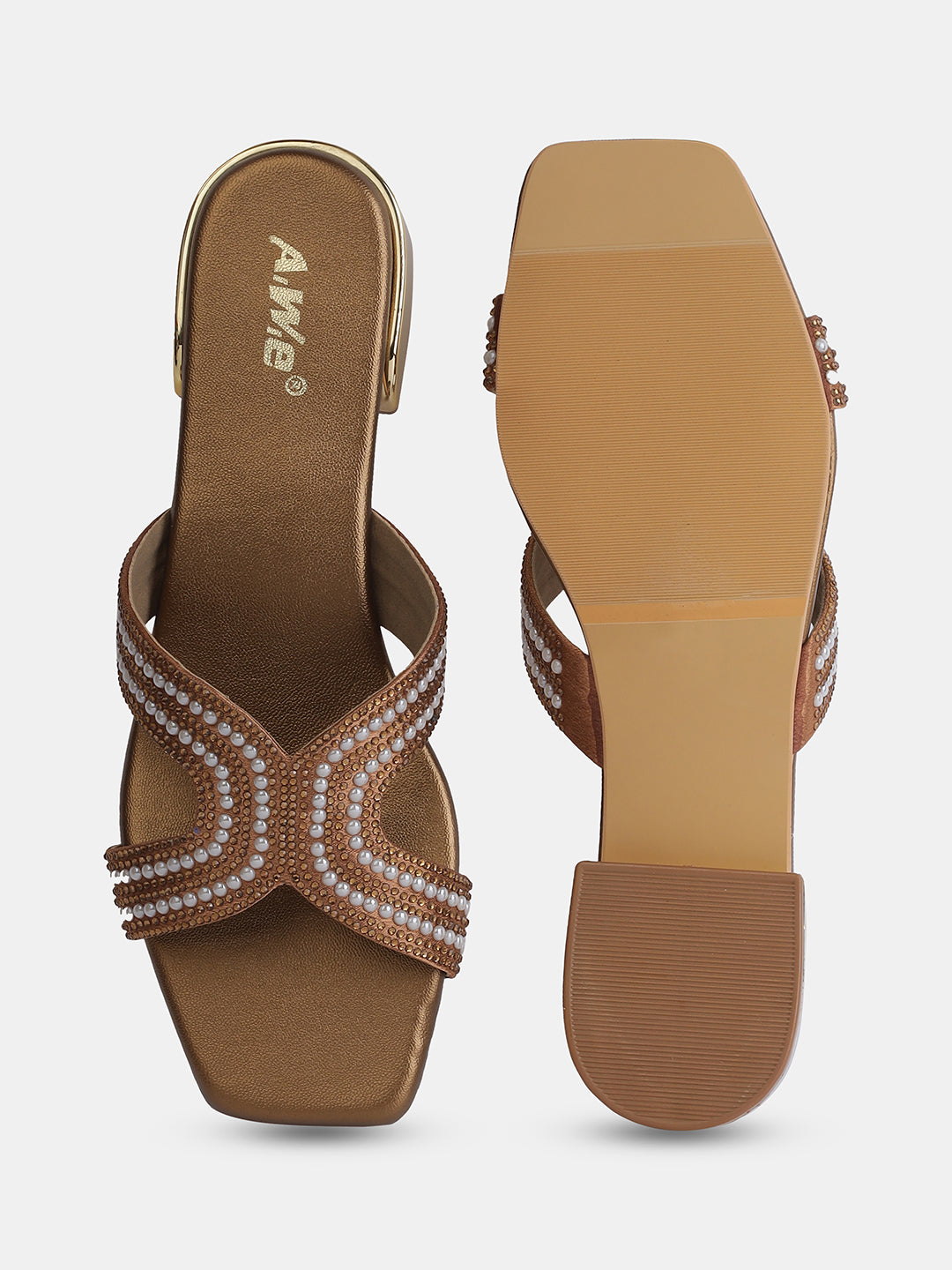 Aiwie Women's Embellished Slip-On Sandals with Square Toe and Beaded Strap Ð Elegant Flats for Ethnic, Festive & Casual Wear