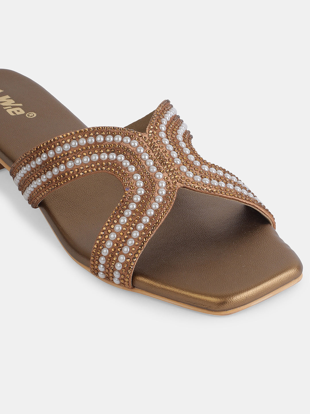 Aiwie Women's Embellished Slip-On Sandals with Square Toe and Beaded Strap Ð Elegant Flats for Ethnic, Festive & Casual Wear