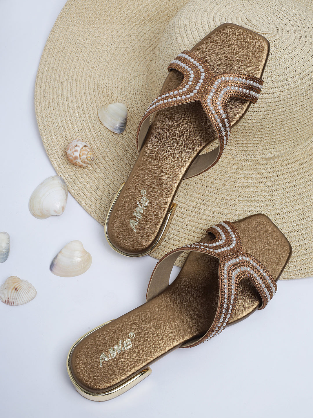 Aiwie Women's Embellished Slip-On Sandals with Square Toe and Beaded Strap Ð Elegant Flats for Ethnic, Festive & Casual Wear