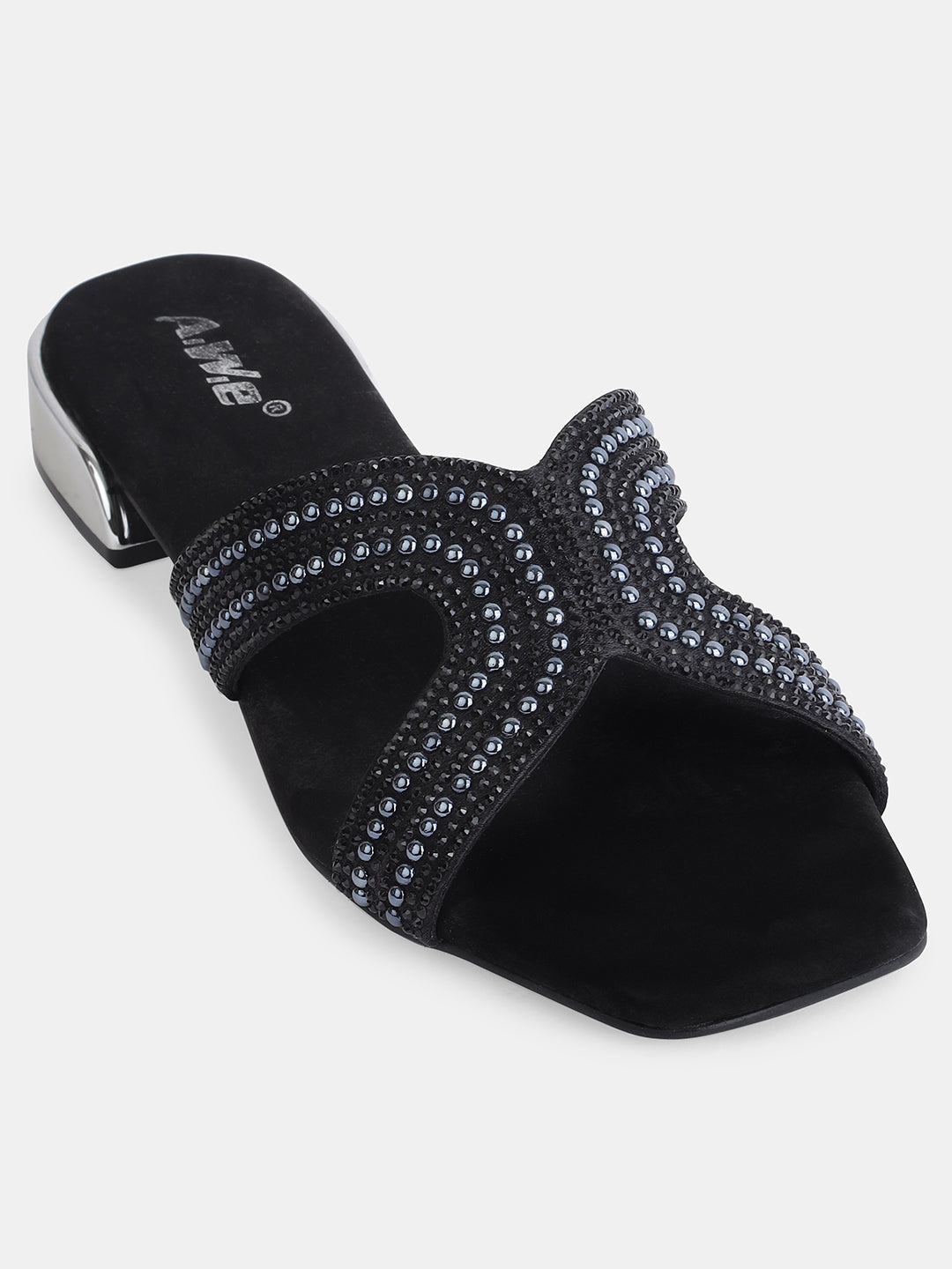 Aiwie Women's Embellished Slip-On Sandals with Square Toe and Beaded Strap Ð Elegant Flats for Ethnic, Festive & Casual Wear