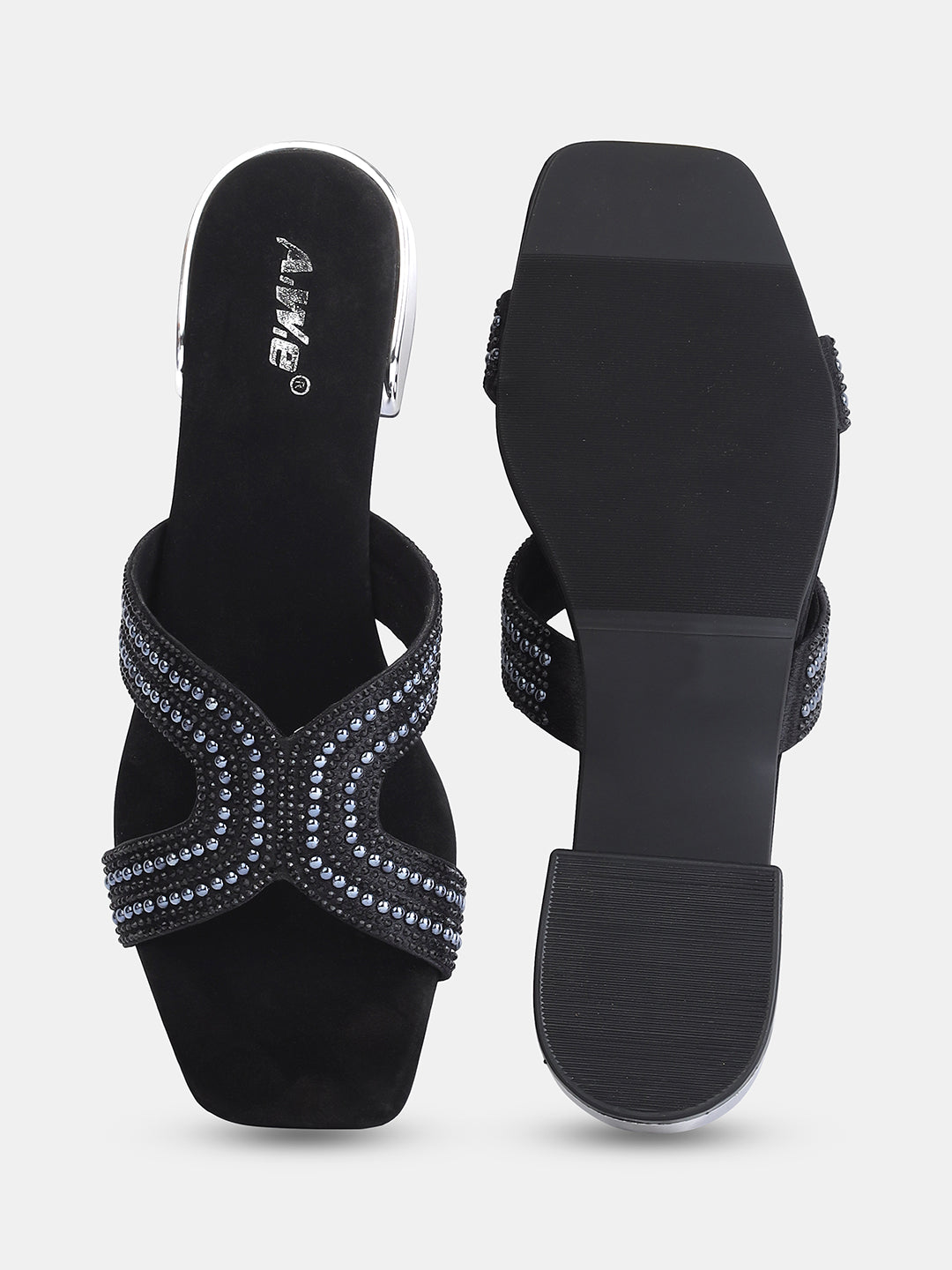 Aiwie Women's Embellished Slip-On Sandals with Square Toe and Beaded Strap Ð Elegant Flats for Ethnic, Festive & Casual Wear