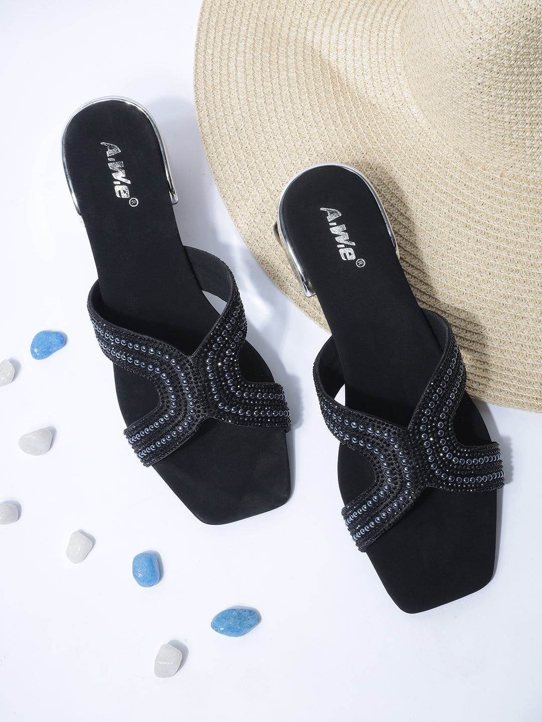 Aiwie Women's Embellished Slip-On Sandals with Square Toe and Beaded Strap Ð Elegant Flats for Ethnic, Festive & Casual Wear