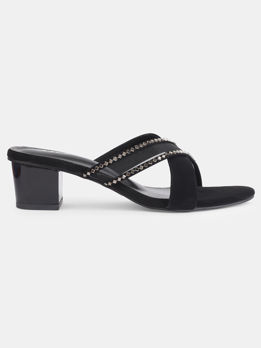 Aiwie Womens Stylish Slip-On Heeled Sandals with Cross Straps and Stud Detailing Ð Trendy Block Heel Footwear for Party & Casual Wear Heel Size : 1.5 Inches