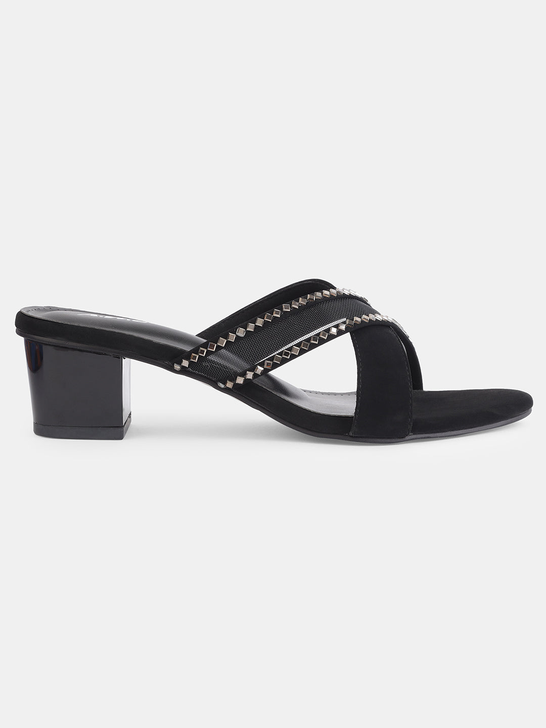 Aiwie Womens Stylish Slip-On Heeled Sandals with Cross Straps and Stud Detailing Ð Trendy Block Heel Footwear for Party & Casual Wear Heel Size : 1.5 Inches