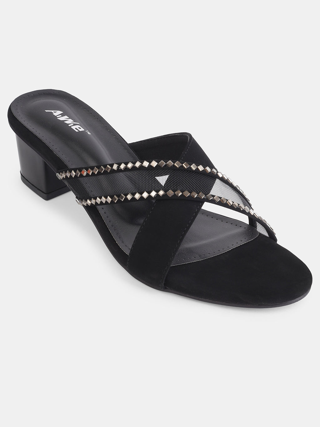 Aiwie Womens Stylish Slip-On Heeled Sandals with Cross Straps and Stud Detailing Ð Trendy Block Heel Footwear for Party & Casual Wear Heel Size : 1.5 Inches